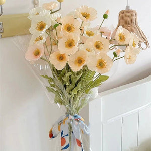 22'' Single Flocked Floral Poppy Spay, Colorful Silk Poppies: Champagne